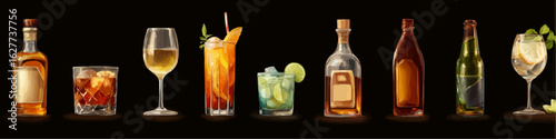 A selection of diverse alcoholic drinks in glasses and bottles.