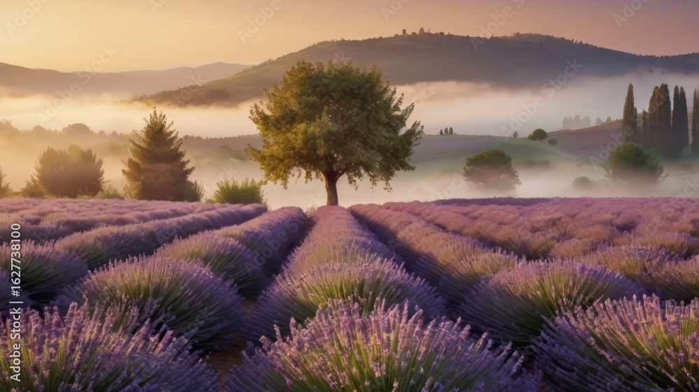 Obraz premium Dreamy lavender fields at sunrise, gentle fog, soft golden light, natural landscape background