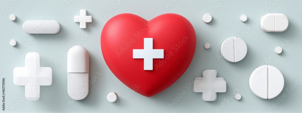 Obraz premium Stylized red heart with soft glow and medical symbols, clean geometric design for World Heart Day health awareness