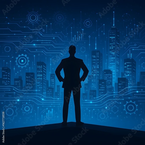Confident Businessman Silhouette Over Futuristic Smart City Digital Network Background