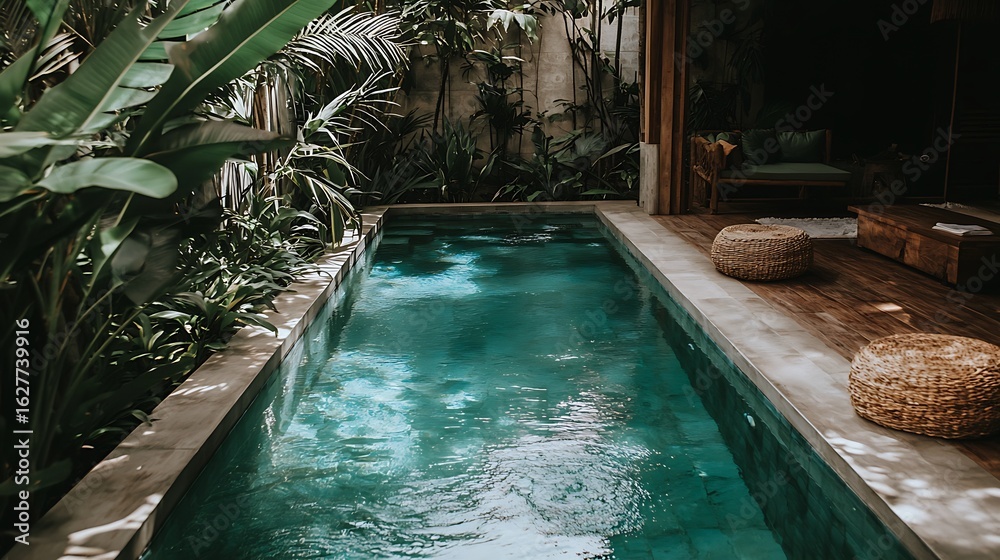 custom made wallpaper toronto digitalLush tropical pool area with a modern concrete edge.  Tranquil oasis, surrounded by lush greenery and wooden patio