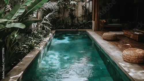 Wallpaper Mural Lush tropical pool area with a modern concrete edge.  Tranquil oasis, surrounded by lush greenery and wooden patio Torontodigital.ca