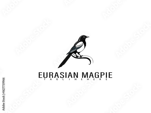 Minimalist black and white logo of Eurasian Magpie perched calmly on a natural twig, vector design perfect for stylish branding, wildlife icons, and elegant identity for conservation brands.

