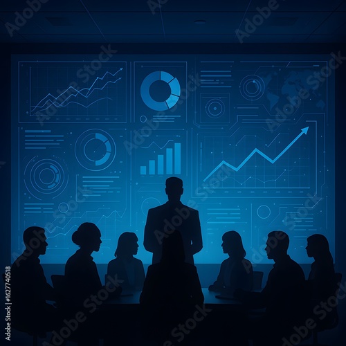 Silhouetted business team meeting, analyzing glowing digital data charts and graphs, futuristic corporate presentation.
