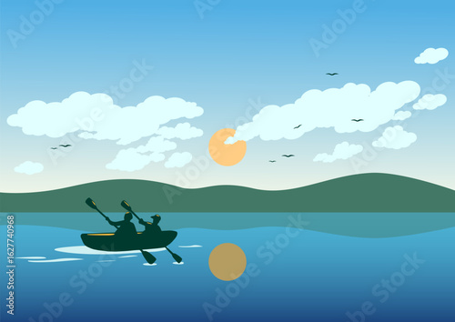 Evening scenic lake or river summer landscape with people rafting on kayak or canoe rowing with paddles in boat. Kayaking sport people using a kayak for moving over water in nightfall. 