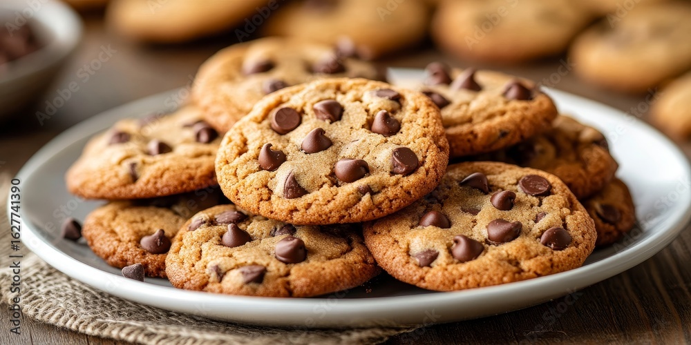 Delicious Homemade Chocolate Chip Cookies Freshly Baked, Warm, and Aromatic Treats on a Plate Delicious Homemade Chocolate Chip Cookies Freshly Baked, Warm, and Aromatic Treats on a Plate