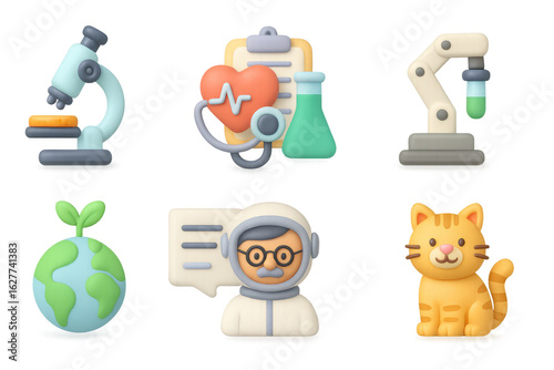 3d cartoon icons with science, environment, space, and animal themes