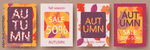 Set of trendy, colorful autumn posters, covers and postcards with colorful leaves. Abstract autumn background, template for advertising, sales, websites, social networks and print.