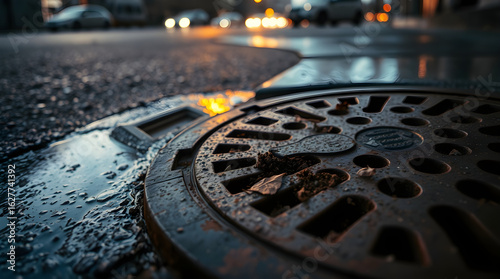 Close-up of manhole cover on wet asphalt at dusk with city lights blurred in background