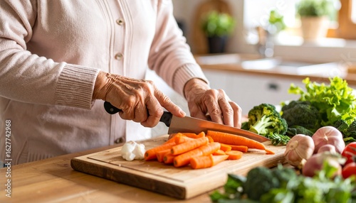 Primer plano de manos de mujer mayor picando verduras coloridas sobre tabla de madera en cocina luminosa (zanahoria, brócoli), detalles de piel arrugada, utensilios de acero y luz natural cálida