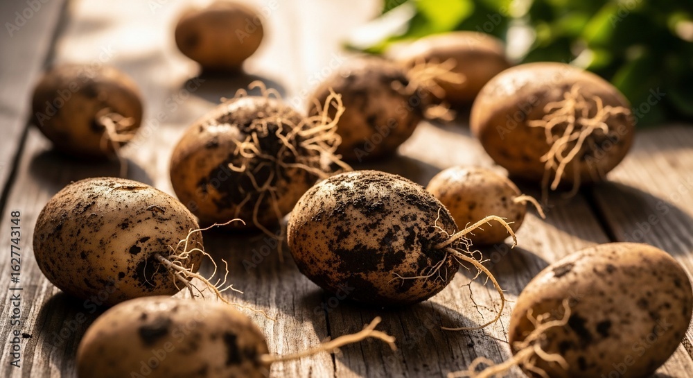 Obraz premium Freshly Harvested Potatoes with Soil Clinging to Skin on Rustic Wooden Table