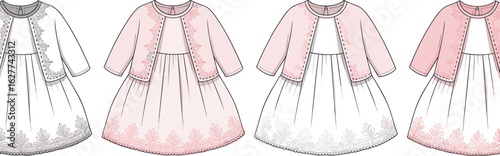 Girls dress and cardigan set, floral hem design, pastel outfit variations, children’s fashion illustration, editable clothing vector, stylish kidswear template