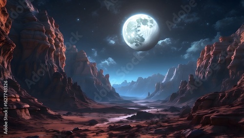 A shadowy moonlit canyon on a distant alien planet.Cinematic theme, HDR, Vibrant