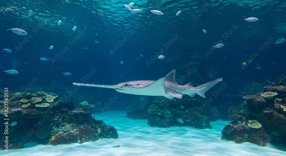 Fototapeta premium Sawfish Majesty Ancient Creature Glides in Turquoise Waters.