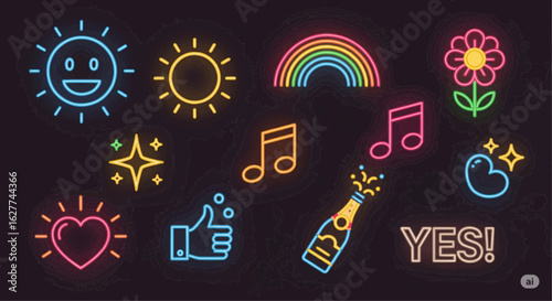 A colorful illustration of various emoji symbols, including sunshine, rainbow, flower, and musical notes, all presented in a vibrant neon style.