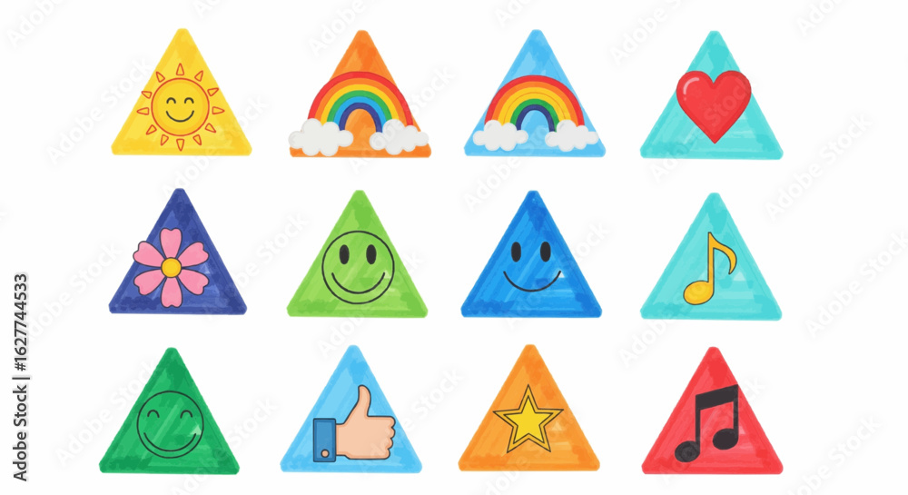 Colorful triangle with symbol in each. This is an illustration or retouched photo.