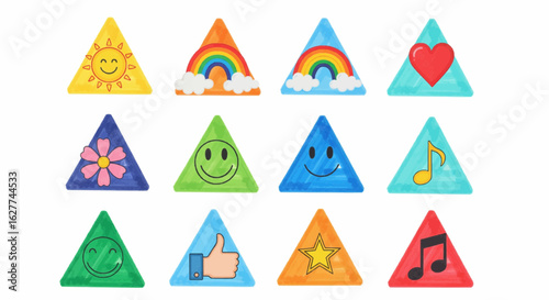 Colorful triangle with symbol in each. This is an illustration or retouched photo.