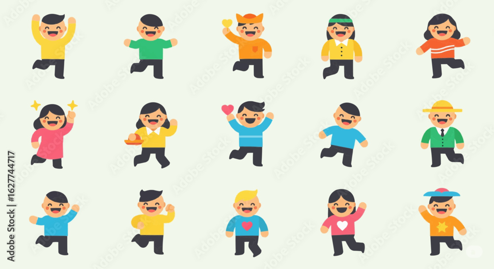 Diverse collection of cartoon figures displaying a range of emotions and actions.