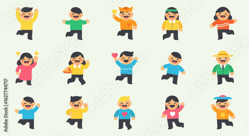 Diverse collection of cartoon figures displaying a range of emotions and actions.