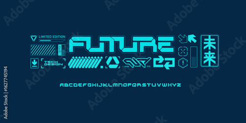 Futuristic Tech Font and HUD Interface Elements – Cyberpunk Vector Set. Futuristic neon font with HUD elements, symbols, hierogliph 'Future'  UI design for sci-fi, cyberpunk, tech and digitals dsgn