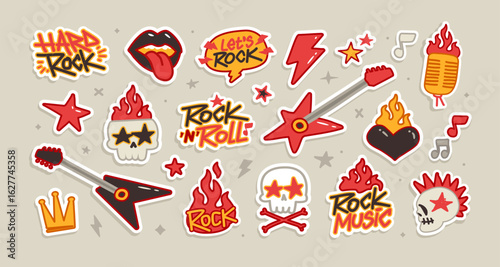 Rock and Roll Doodle Sticker Set – Punk, Skull, Guitar, Fire, Music Icons. Cool rock music doodle sticker set with skulls, guitars, flames, punk symbols. Perfect for music dsgn, apparel and merch