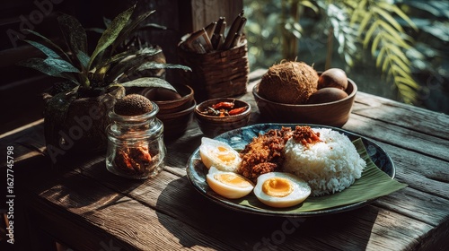 Malaysian nasi lemak breakfast on rustic wooden table, traditional nasi lemak food on rustic table, authentic nasi lemak served on rustic wood