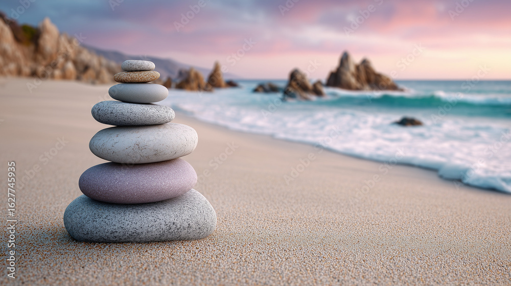 Fototapeta premium A Zen-like stack of stones on a quiet sandy beach with gentle waves and rocky cliffs. At sunset, with soothing pastel tones, the peaceful scene symbolizes balance, harmony, mindfulness, inner peace