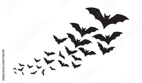 A collection of black bat silhouettes flying upwards on a white plain background illustration design