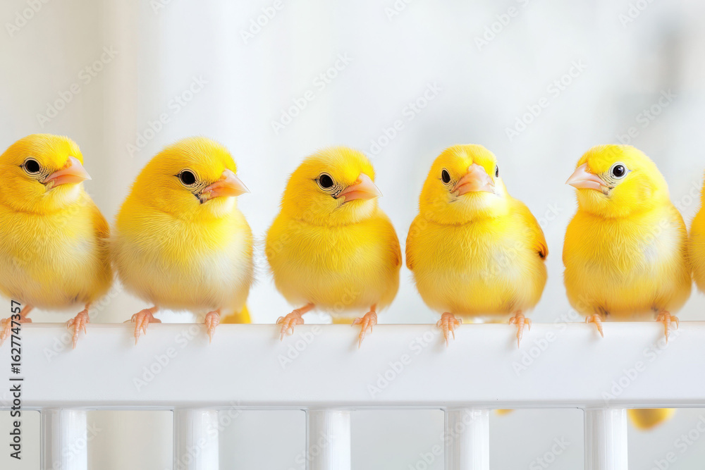 Fototapeta premium A playful row of yellow canaries with wings slightly spread peers over a sleek white table. These tiny songbirds display their bright plumage, embodying avian charm and curiosity.