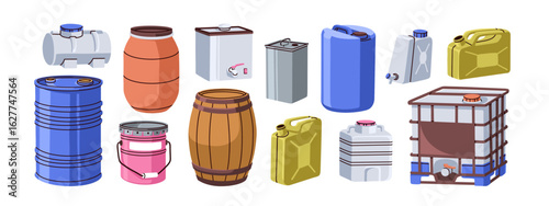 Containers for liquids. Drum canister, wooden and metal barrels, large IBC tank, different reservoirs, can, bottle for storage industrial fluids. Flat vector illustration isolated on white background
