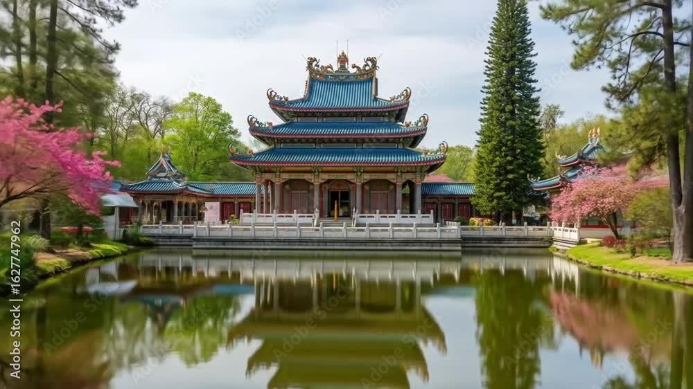 Serene Asian temple architecture reflected in tranquil water, vibrant spring blossoms surround the peaceful scene. Serene Asian temple architecture reflected in tranquil water, vibrant spring blossoms surround the peaceful scene.