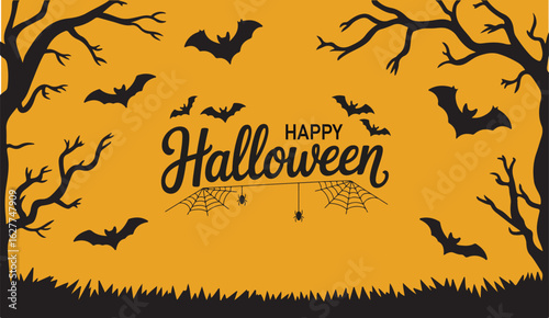 Happy halloween illustration with bats trees and spiderwebs on an orange background design vector