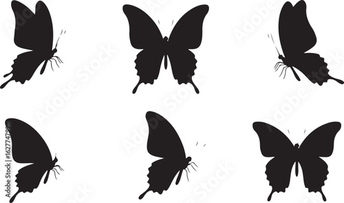 Six black butterfly silhouettes in different poses and orientations on a white background insect wing