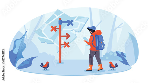 A hiker checks phone at a directional sign with birds and a map in a forest during a winter scene