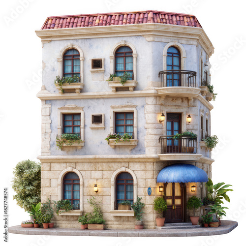 3d italian style building with balconies isolated on transparent background