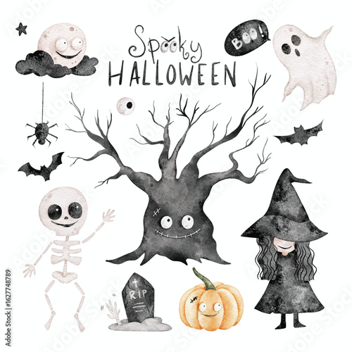 Watercolor Illustration Set of Halloween Character and Elements
