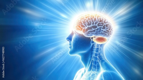 Human head with a luminous brain