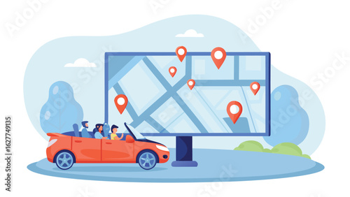 Illustration of a family in a convertible car with a large map and location pins behind them outdoors