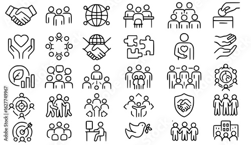 Teamwork and Collaboration solid glyph icon set. Contains icons for partnership, community, meeting, donation, and corporate social responsibility. Vector symbols.