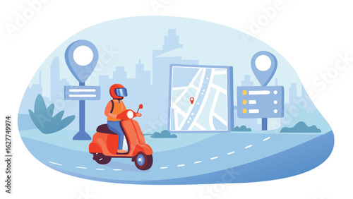 Delivery driver on scooter with helmet and backpack navigating city map with location pin markers shown