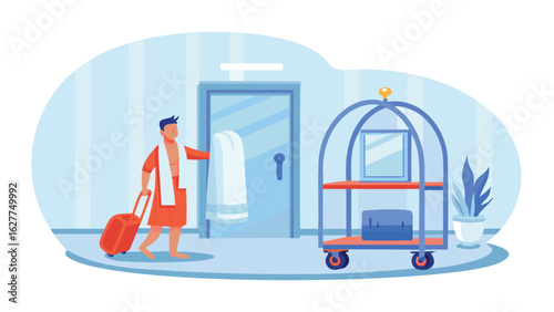 Illustration of a man in a robe pulling luggage in a hotel with a luggage cart and a plant near