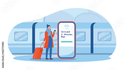 Woman with suitcase and phone standing near train with arrival time display showing minutes ago time