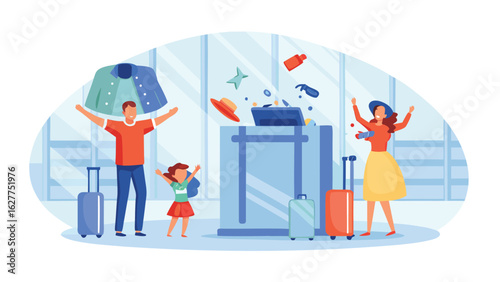 Family at airport with open suitcase and scattered items near security check and luggage on vacation
