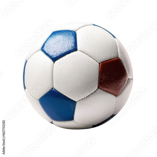 Soccer ball, white, blue, red, leather, round, sport
