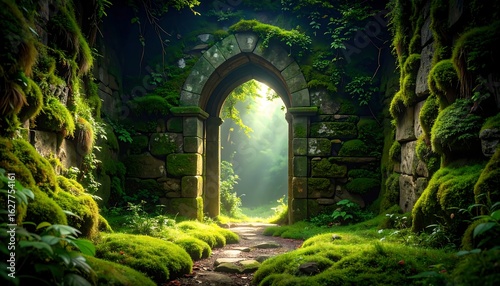 Wallpaper Mural Ancient mossy archway leading to sunlit path Torontodigital.ca