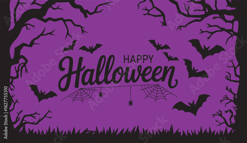 Happy halloween graphic with bats trees and spiderwebs against a purple background design vector art