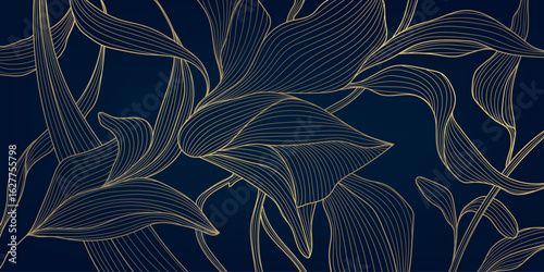 Vector leaf line background, luxury japanese style art deco leaves. Premium jungle wallpaper, nature ornament, premium jungle pattern