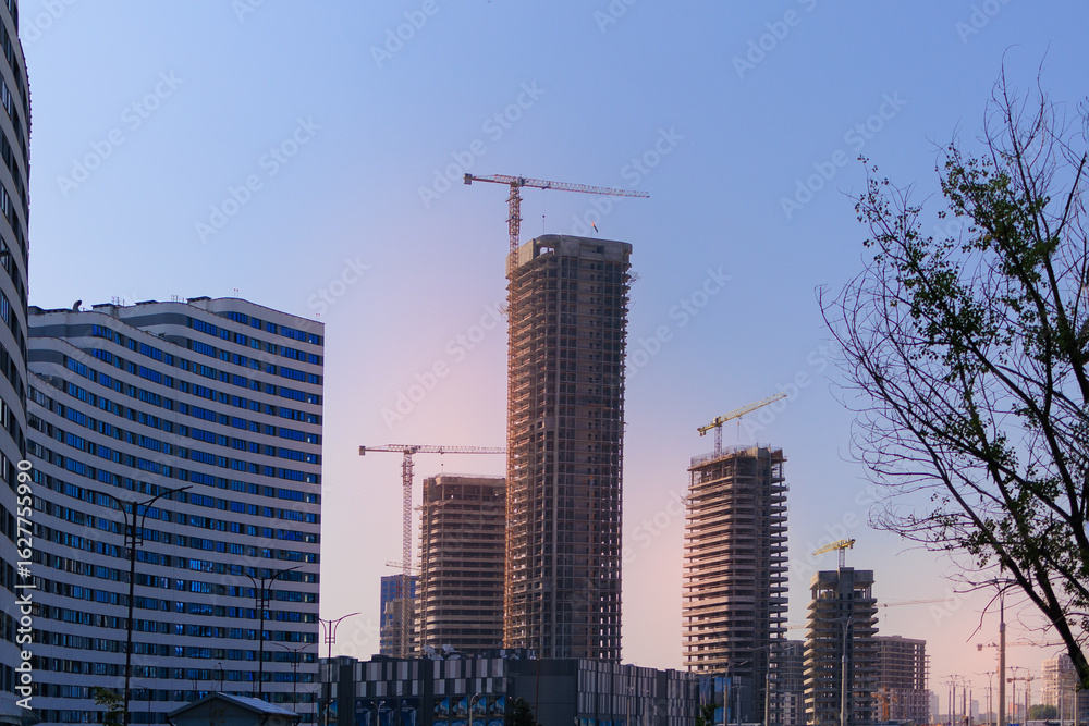 Fototapeta premium Construction of buildings and high-rise cranes against the blue sky