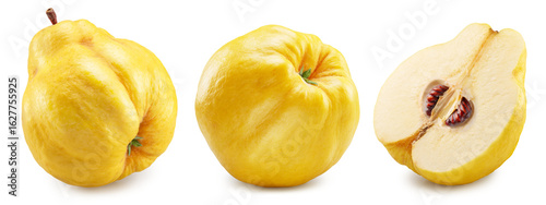 Fotografie Set of two quinces and half cut quince on white background