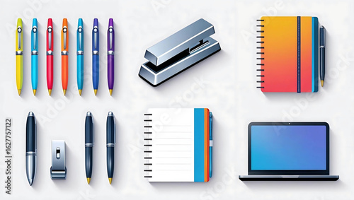 Workspace Essentials: A vibrant arrangement of office supplies, including colorful pens, a sturdy stapler, a sleek notebook, and a modern laptop, all arranged to inspire productivity. 